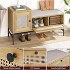 Banc à chaussures en rotin Acekool avec tiroir de rangement et coussin en lin, banc en bois pour entrée et chambre à coucher, finition chêne naturel