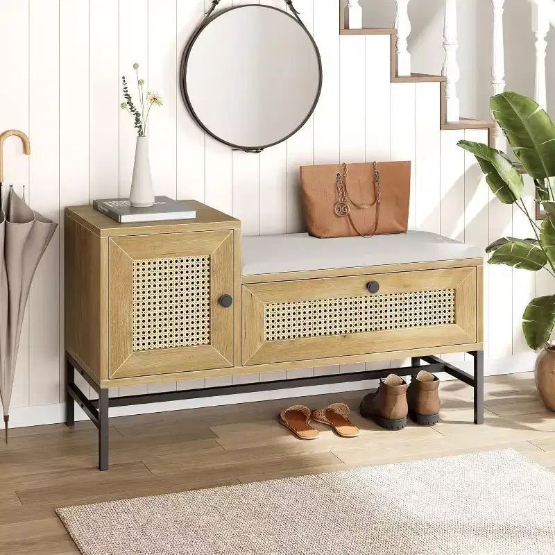 Banc à chaussures en rotin Acekool avec tiroir de rangement et coussin en lin, banc en bois pour entrée et chambre à coucher, finition chêne naturel
