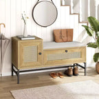 Banc à chaussures en rotin Acekool avec tiroir de rangement et coussin en lin, banc en bois pour entrée et chambre à coucher, finition chêne naturel