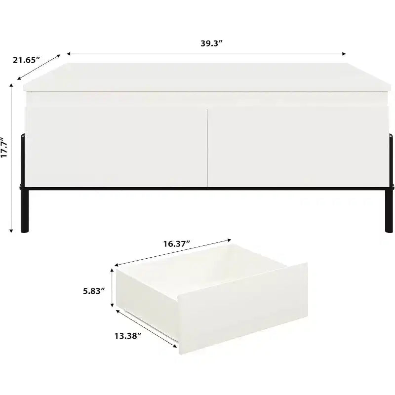 Table basse moderne blanche Acekool avec 2 tiroirs sans poignée, pieds en métal et étagère arrière ouverte, table basse rectangulaire pour salon, montage facile