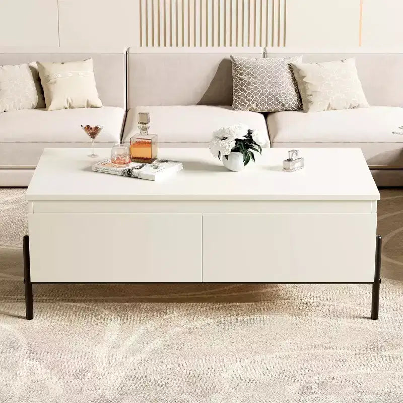 Table basse moderne blanche Acekool avec 2 tiroirs sans poignée, pieds en métal et étagère arrière ouverte, table basse rectangulaire pour salon, montage facile