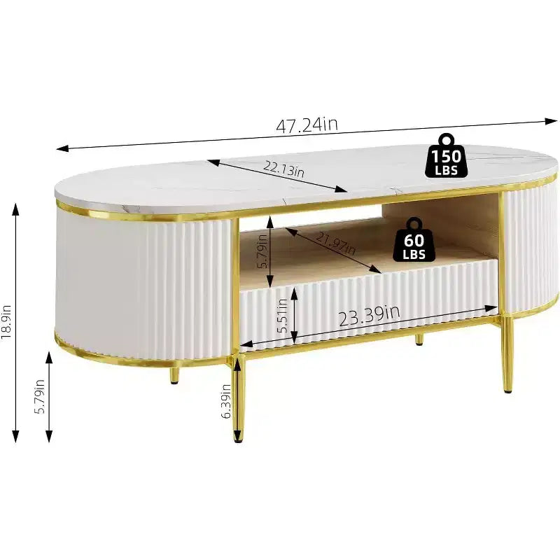 Table basse moderne blanche Acekool avec 2 tiroirs sans poignée, pieds en métal et étagère arrière ouverte, table basse rectangulaire pour salon, montage facile