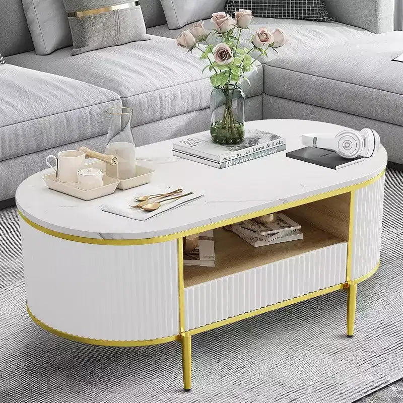 Table basse moderne blanche Acekool avec 2 tiroirs sans poignée, pieds en métal et étagère arrière ouverte, table basse rectangulaire pour salon, montage facile