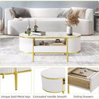 Table basse moderne blanche Acekool avec 2 tiroirs sans poignée, pieds en métal et étagère arrière ouverte, table basse rectangulaire pour salon, montage facile