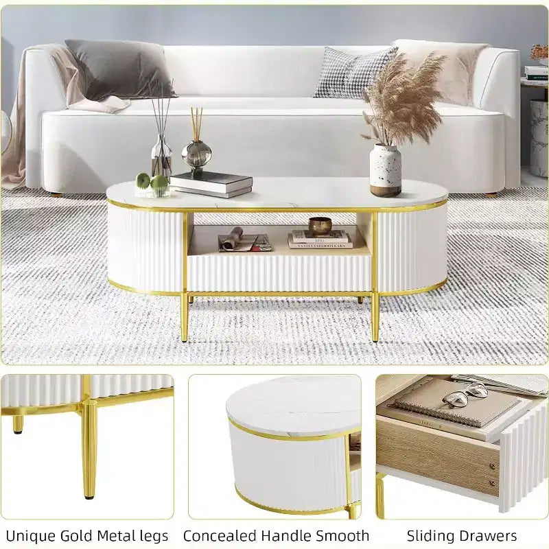 Table basse moderne blanche Acekool avec 2 tiroirs sans poignée, pieds en métal et étagère arrière ouverte, table basse rectangulaire pour salon, montage facile