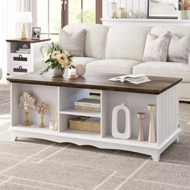 Table basse moderne blanche Acekool avec 2 tiroirs sans poignée, pieds en métal et étagère arrière ouverte, table basse rectangulaire pour salon, montage facile