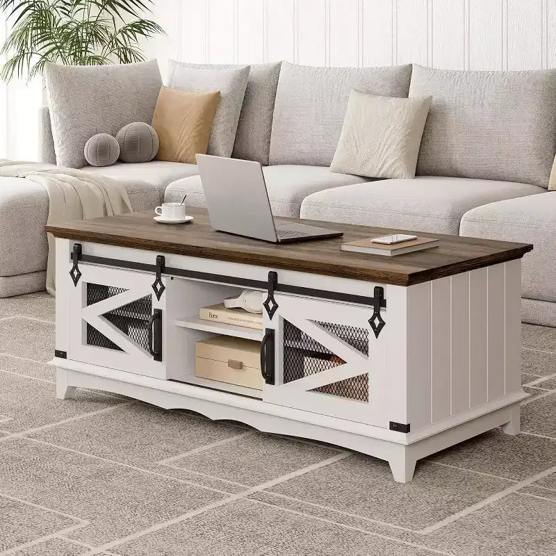 Table basse moderne blanche Acekool avec 2 tiroirs sans poignée, pieds en métal et étagère arrière ouverte, table basse rectangulaire pour salon, montage facile