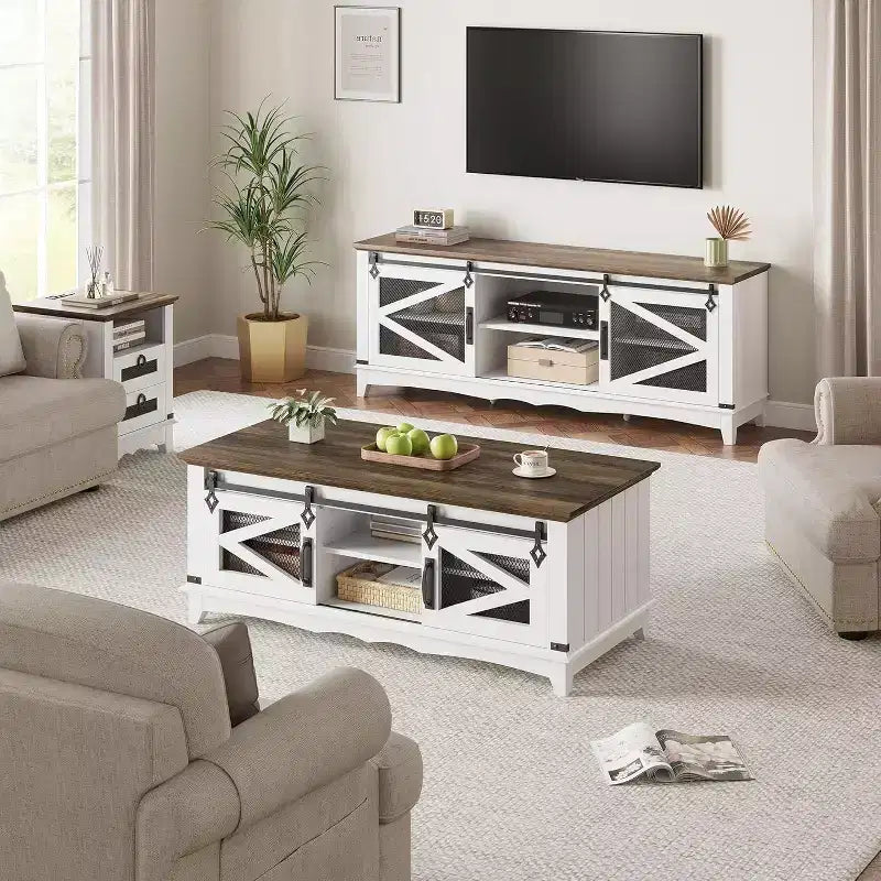 Table basse moderne blanche Acekool avec 2 tiroirs sans poignée, pieds en métal et étagère arrière ouverte, table basse rectangulaire pour salon, montage facile