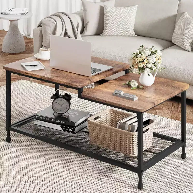 Acekool Table Basse Rectangulaire Moderne Mid-Century avec Tiroirs, Étagères Ouvertes et Finition Bois Clair - Montage Facile, 108 cm