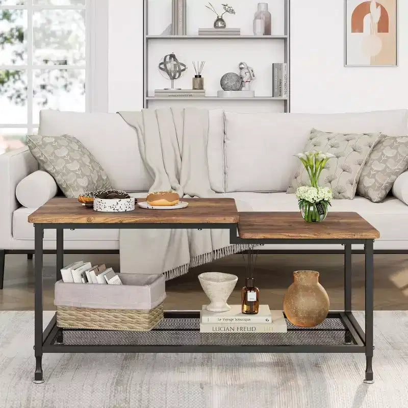 Acekool Table Basse Rectangulaire Moderne Mid-Century avec Tiroirs, Étagères Ouvertes et Finition Bois Clair - Montage Facile, 108 cm