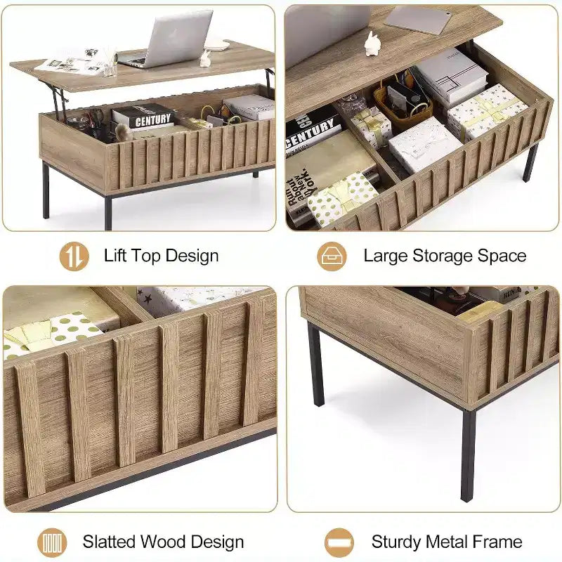 Acekool Table Basse Rectangulaire Moderne Mid-Century avec Tiroirs, Étagères Ouvertes et Finition Bois Clair - Montage Facile, 108 cm