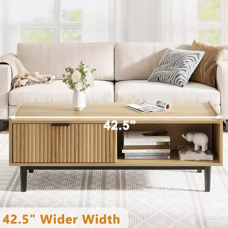 Acekool Table Basse Rectangulaire Moderne Mid-Century avec Tiroirs, Étagères Ouvertes et Finition Bois Clair - Montage Facile, 108 cm