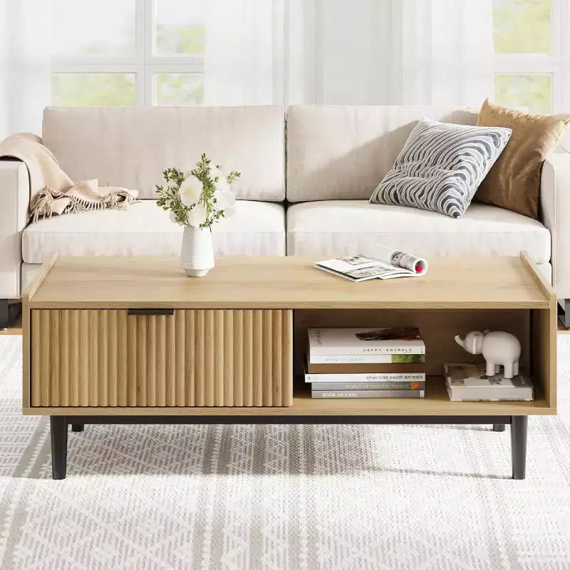 Acekool Table Basse Rectangulaire Moderne Mid-Century avec Tiroirs, Étagères Ouvertes et Finition Bois Clair - Montage Facile, 108 cm