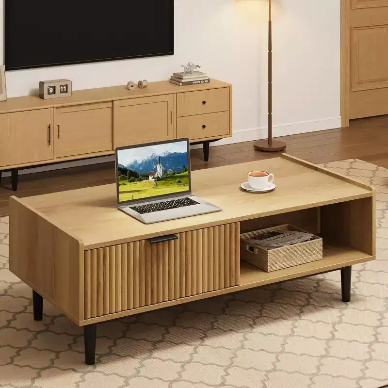 Acekool Table Basse Rectangulaire Moderne Mid-Century avec Tiroirs, Étagères Ouvertes et Finition Bois Clair - Montage Facile, 108 cm