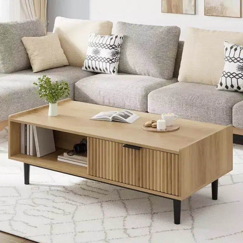 Acekool Table Basse Rectangulaire Moderne Mid-Century avec Tiroirs, Étagères Ouvertes et Finition Bois Clair - Montage Facile, 108 cm