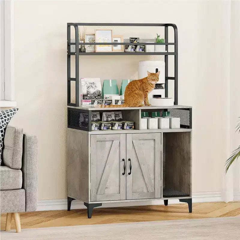 Large Hidden Litter Box Furniture with Open Shelf & Compartments, Metal Frame Indoor Cat House Furniture Cabinet for Most of Litter Box