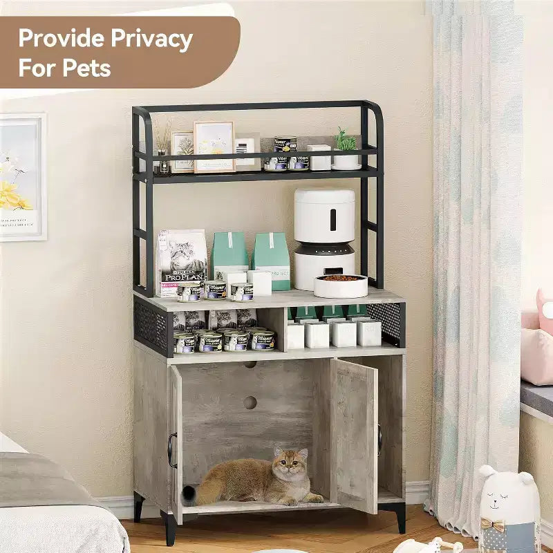 Grand meuble cache-litière avec étagère ouverte et compartiments, meuble cache-litière d'intérieur pour chat avec cadre en métal, pour la plupart des bacs à litière