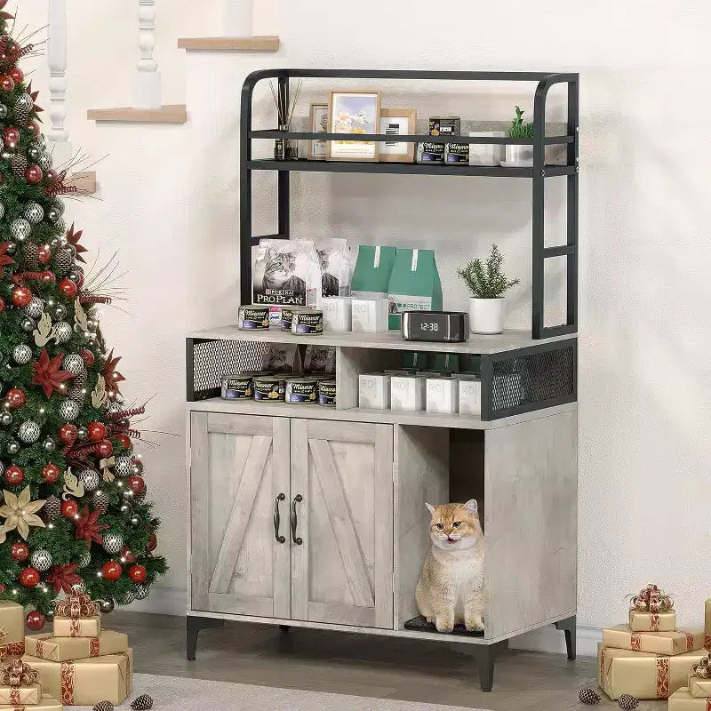 Grand meuble cache-litière avec étagère ouverte et compartiments, meuble cache-litière d'intérieur pour chat avec cadre en métal, pour la plupart des bacs à litière
