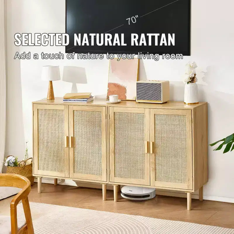 Meuble en rotin VEVOR, lot de 2, Armoire de rangement en rotin avec 4 portes magnétiques et étagères réglables, buffet pour couloir, naturel