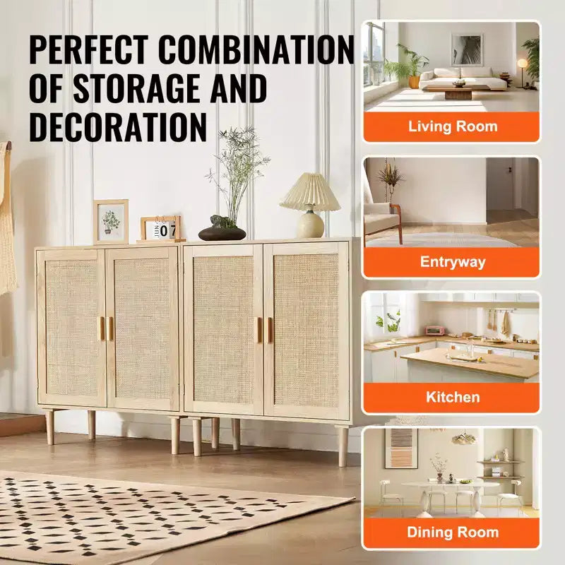 Meuble en rotin VEVOR, lot de 2, Armoire de rangement en rotin avec 4 portes magnétiques et étagères réglables, buffet pour couloir, naturel
