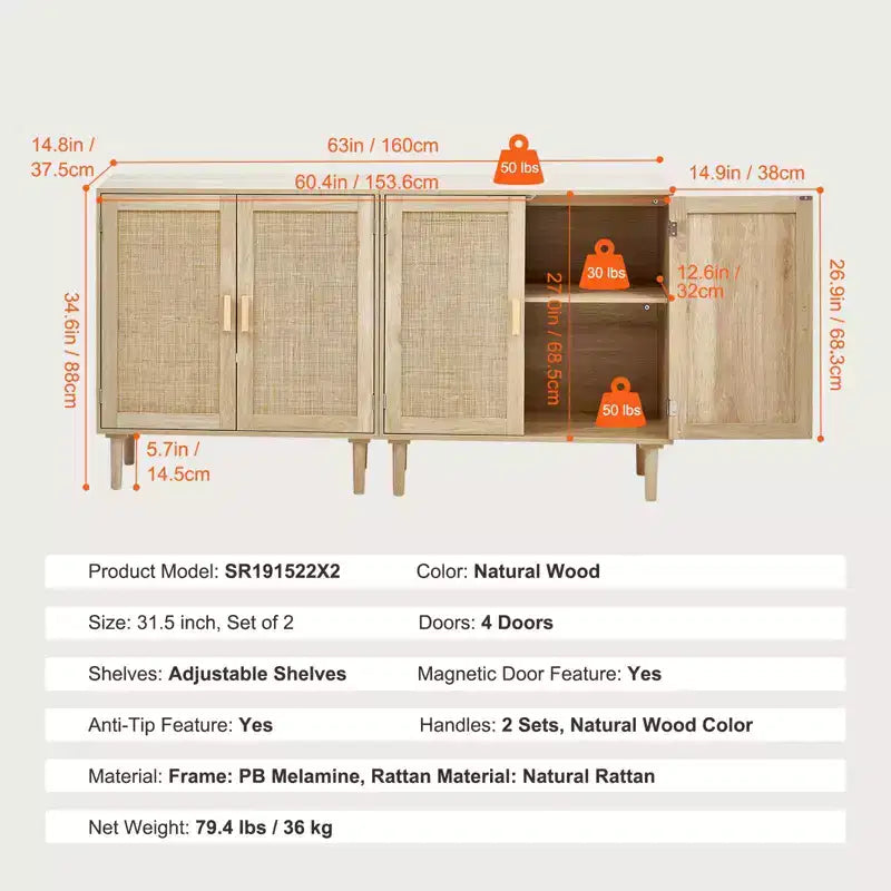 Meuble en rotin VEVOR, lot de 2, Armoire de rangement en rotin avec 4 portes magnétiques et étagères réglables, buffet pour couloir, naturel