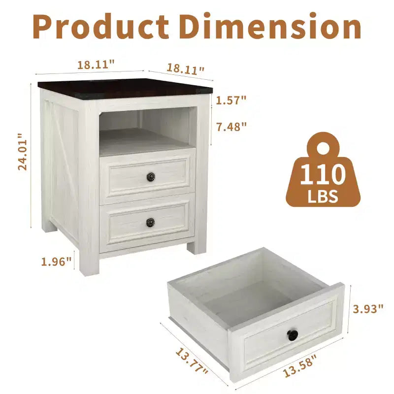 Table de chevet Dyonery avec station de charge, table de nuit rustique de 45 cm avec 2 tiroirs de rangement et étagère ouverte