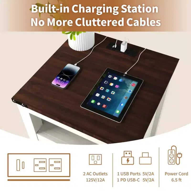 Table de chevet Dyonery avec station de charge, table de nuit rustique de 45 cm avec 2 tiroirs de rangement et étagère ouverte