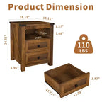 Table de chevet Dyonery avec station de charge, table de nuit rustique de 45 cm avec 2 tiroirs de rangement et étagère ouverte