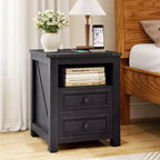 Dyonery Night Stand with Charging Station, Rustic 18 Inch Bedside Table with 2 Storage Drawers and Open Shelf
