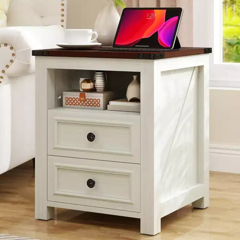Table de chevet Dyonery avec station de charge, table de nuit rustique de 45 cm avec 2 tiroirs de rangement et étagère ouverte
