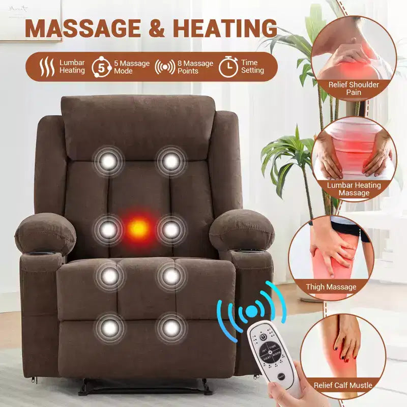 Fauteuil inclinable, Canapé inclinable manuel avec massage et chaleur, Fauteuil à bascule surrembourré avec poches latérales, poches avant et porte-gobelet pour salon