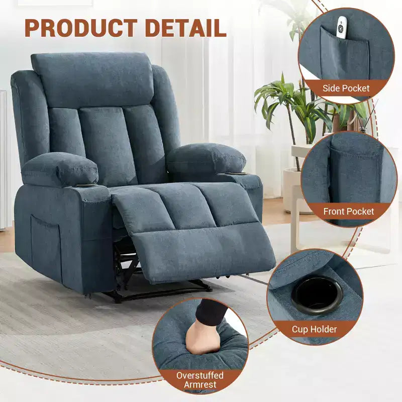 Fauteuil inclinable, Canapé inclinable manuel avec massage et chaleur, Fauteuil à bascule surrembourré avec poches latérales, poches avant et porte-gobelet pour salon