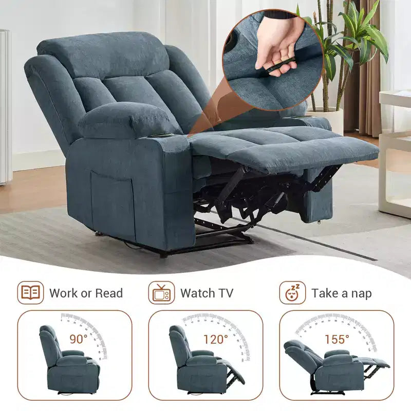 Fauteuil inclinable, Canapé inclinable manuel avec massage et chaleur, Fauteuil à bascule surrembourré avec poches latérales, poches avant et porte-gobelet pour salon