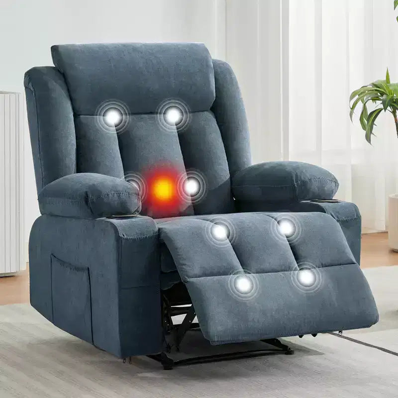 Recliner Chair, Manual Reclining Sofa with Massage and Heat, Overstuffed Rocking Chair w/ Side Pockets, Front Pockets and Cup Holder for Living Room