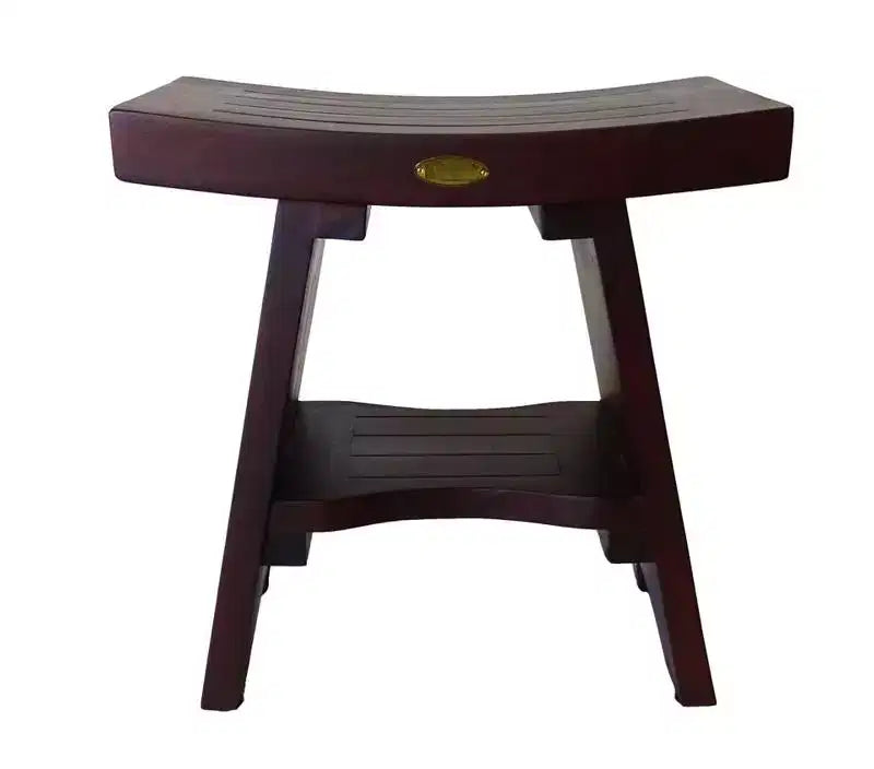 HomeRoots Compact Curviliniear Teak Shower Outdoor Bench With Shelf In Brown Finish