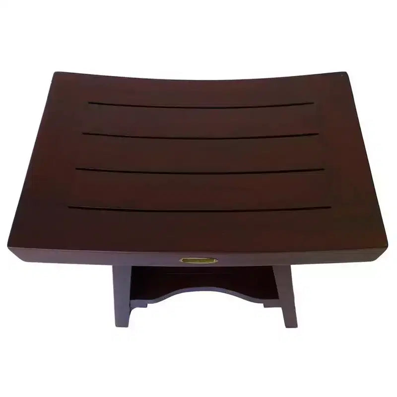 Banc de douche d'extérieur HomeRoots compact curviligne en teck avec étagère, finition marron