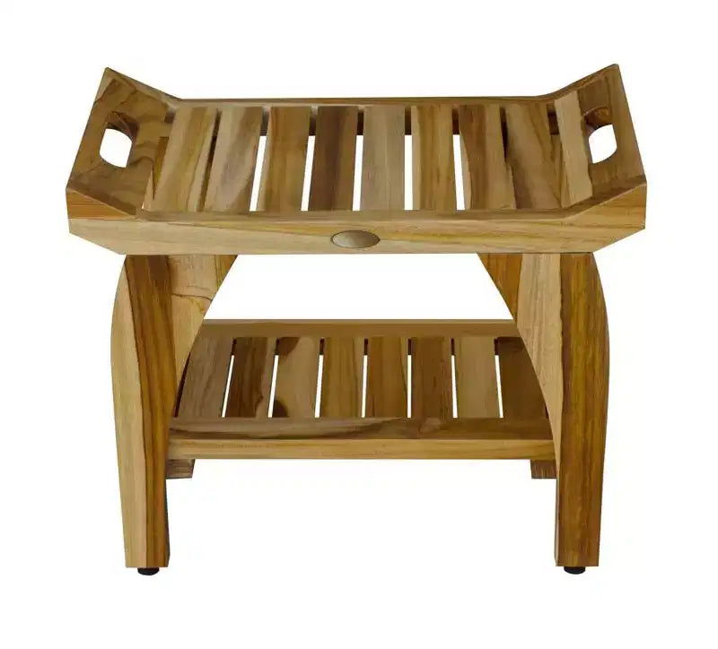 HomeRoots Compact Rectangular Teak Shower Bench With Handles In Natural Finish