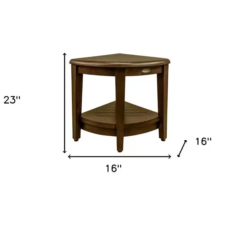 Banc de douche d'angle HomeRoots Curvilinear en teck marron foncé de 18 po avec étagère