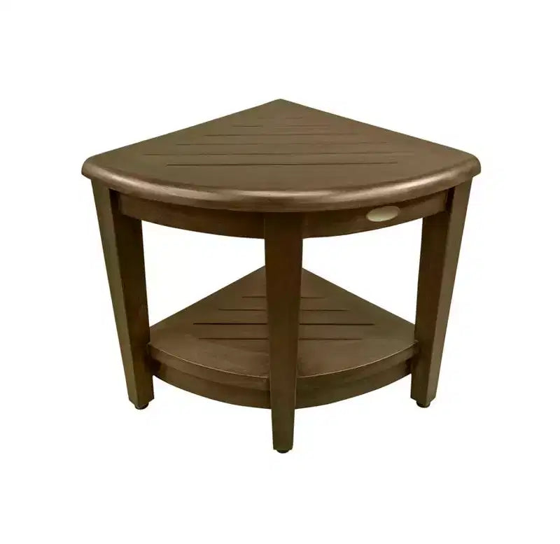 Banc de douche d'angle HomeRoots Curvilinear en teck marron foncé de 18 po avec étagère