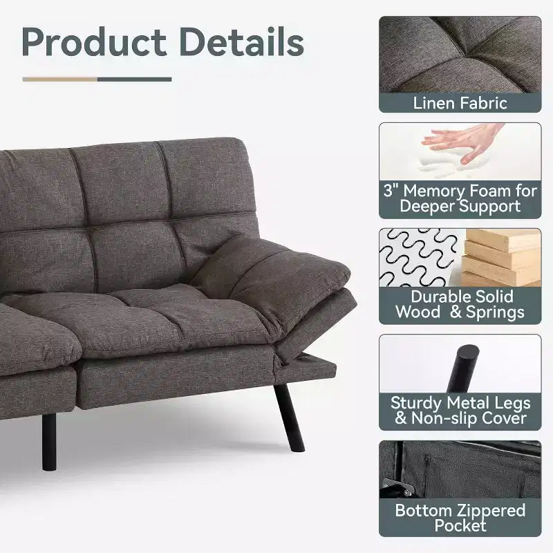 Dyonery 68 Futon Canapé-lit Convertible avec Mousse à Mémoire de Forme, Canapé Pliant, Lit de Repos