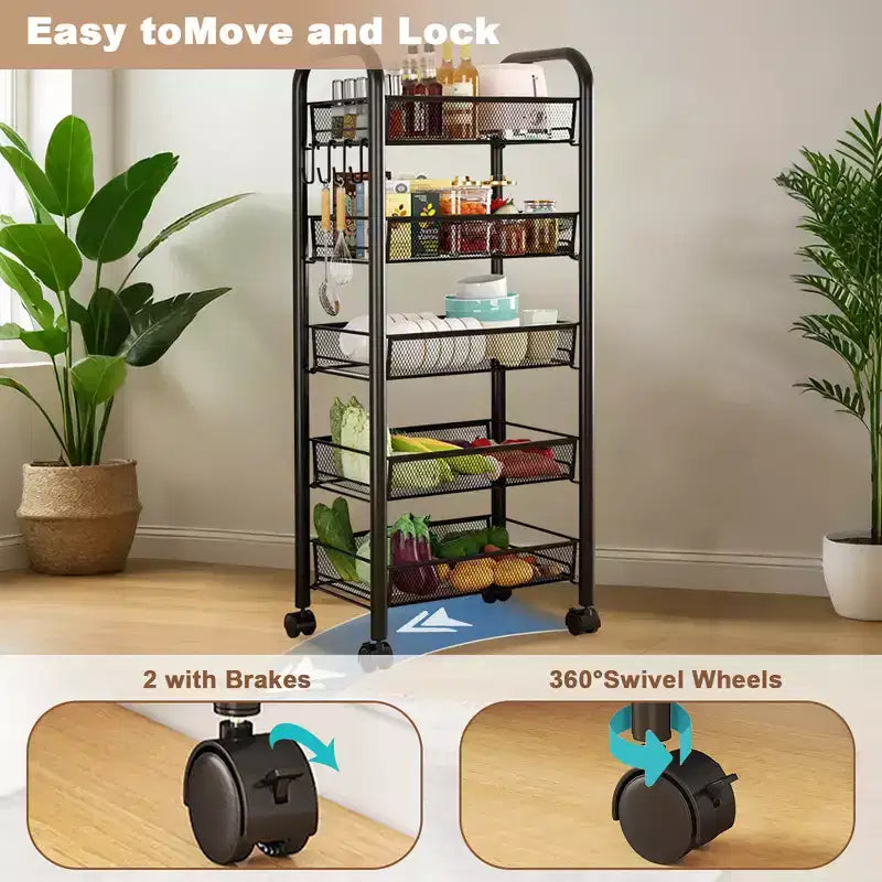 Étagère de rangement à 5 niveaux GustoWave avec roues rotatives pour la cuisine