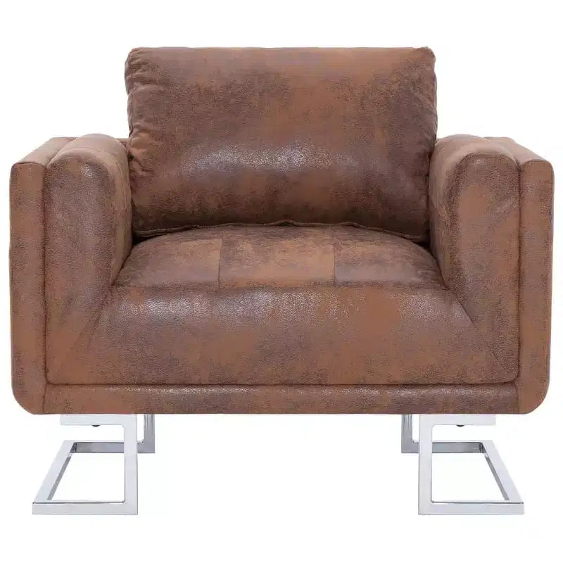 vidaXL Fauteuil cube – Revêtement en similicuir marron façon daim, conception ergonomique, cadre en bois robuste, pieds chromés élégants, assise confortable