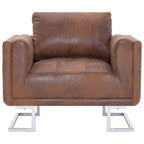 vidaXL Fauteuil cube – Revêtement en similicuir marron façon daim, conception ergonomique, cadre en bois robuste, pieds chromés élégants, assise confortable