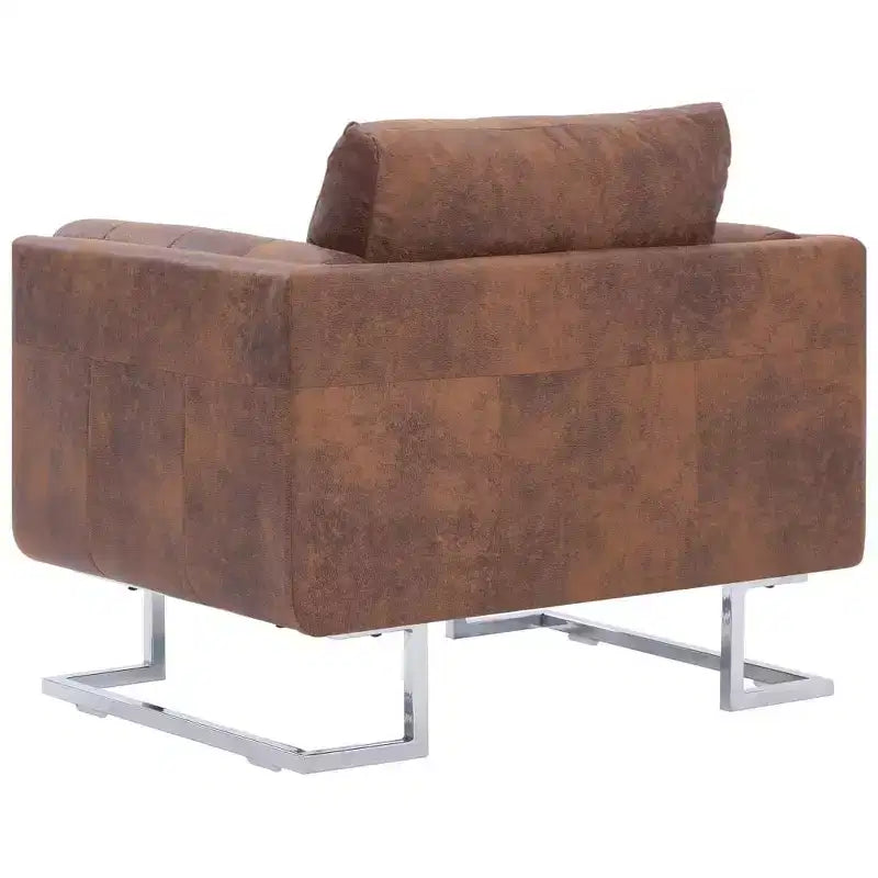 vidaXL Fauteuil cube – Revêtement en similicuir marron façon daim, conception ergonomique, cadre en bois robuste, pieds chromés élégants, assise confortable