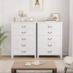 Commode Acekool Farmhouse à 5 tiroirs, commode de rangement verticale haute de 114 cm avec façades de tiroirs géométriques pour chambre, placard, entrée