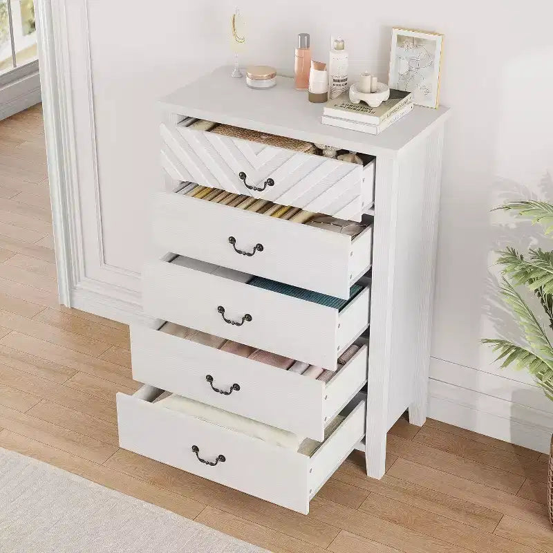 Commode Acekool Farmhouse à 5 tiroirs, commode de rangement verticale haute de 114 cm avec façades de tiroirs géométriques pour chambre, placard, entrée