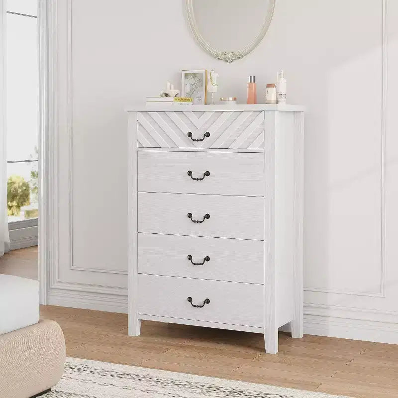 Commode Acekool Farmhouse à 5 tiroirs, commode de rangement verticale haute de 114 cm avec façades de tiroirs géométriques pour chambre, placard, entrée