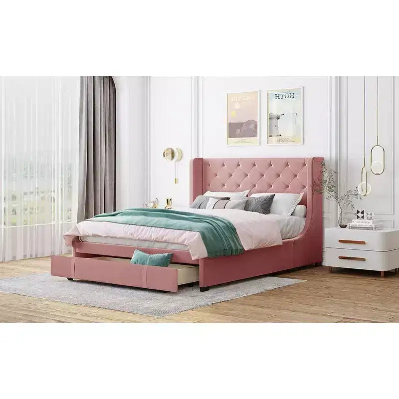 Cadre de lit en velours de taille Queen Okak avec grand tiroir de rangement Lit moderne rembourré avec tête de lit à oreilles Facile à assembler