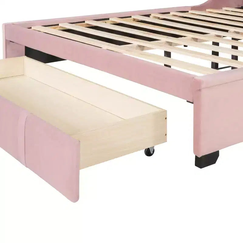 Cadre de lit en velours de taille Queen Okak avec grand tiroir de rangement Lit moderne rembourré avec tête de lit à oreilles Facile à assembler