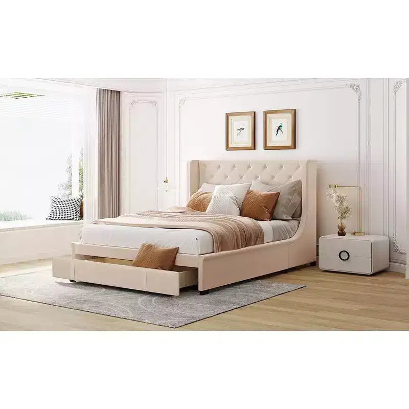 Cadre de lit en velours de taille Queen Okak avec grand tiroir de rangement Lit moderne rembourré avec tête de lit à oreilles Facile à assembler